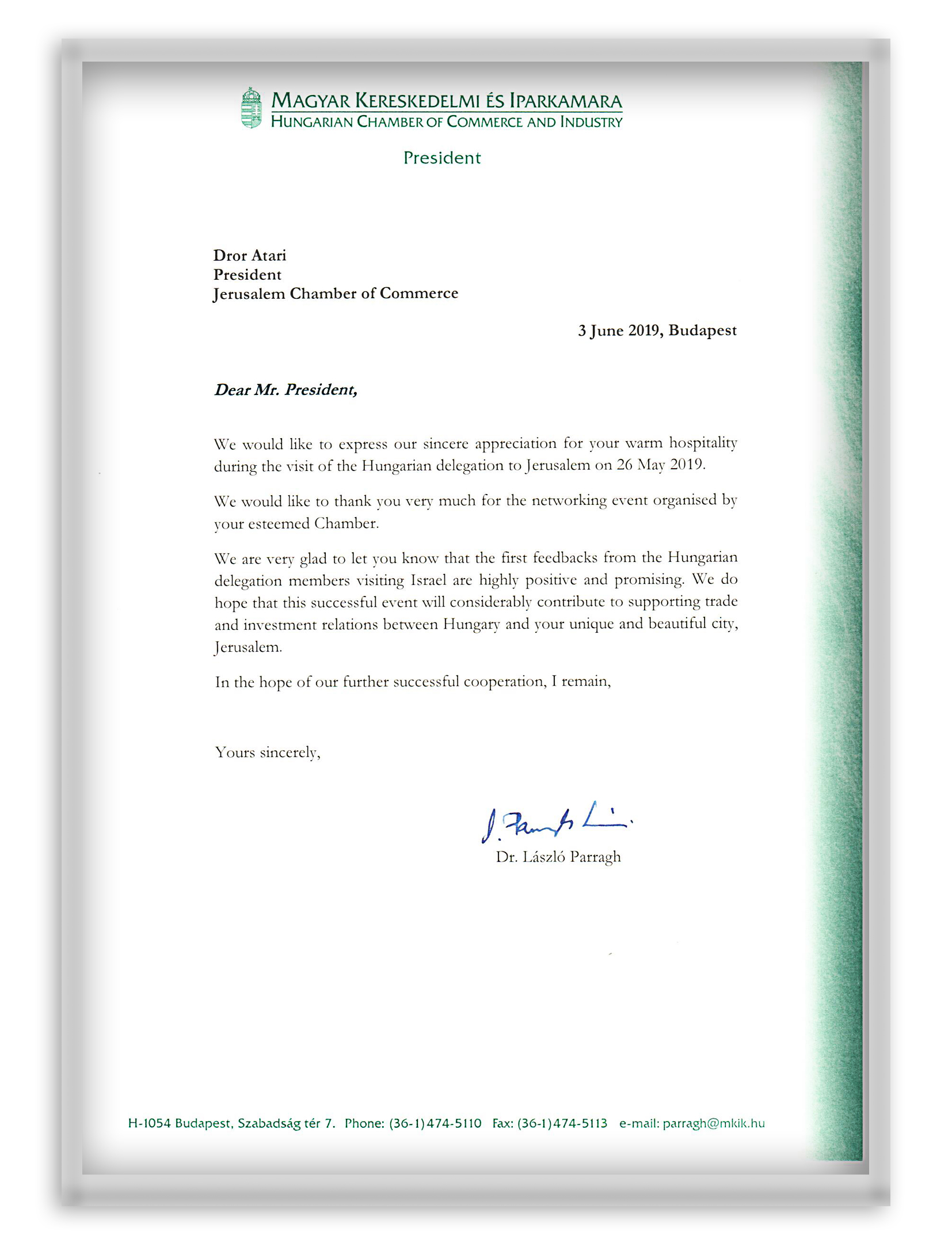 מכתב תודה מנשיא לשכת המסחר בהונגריה 